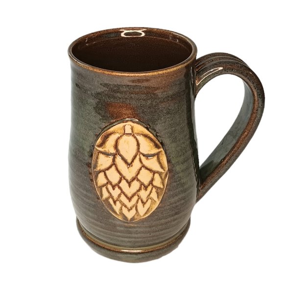 Hops Pottery Mug Green and Brown Handmade - Picture 1 of 10